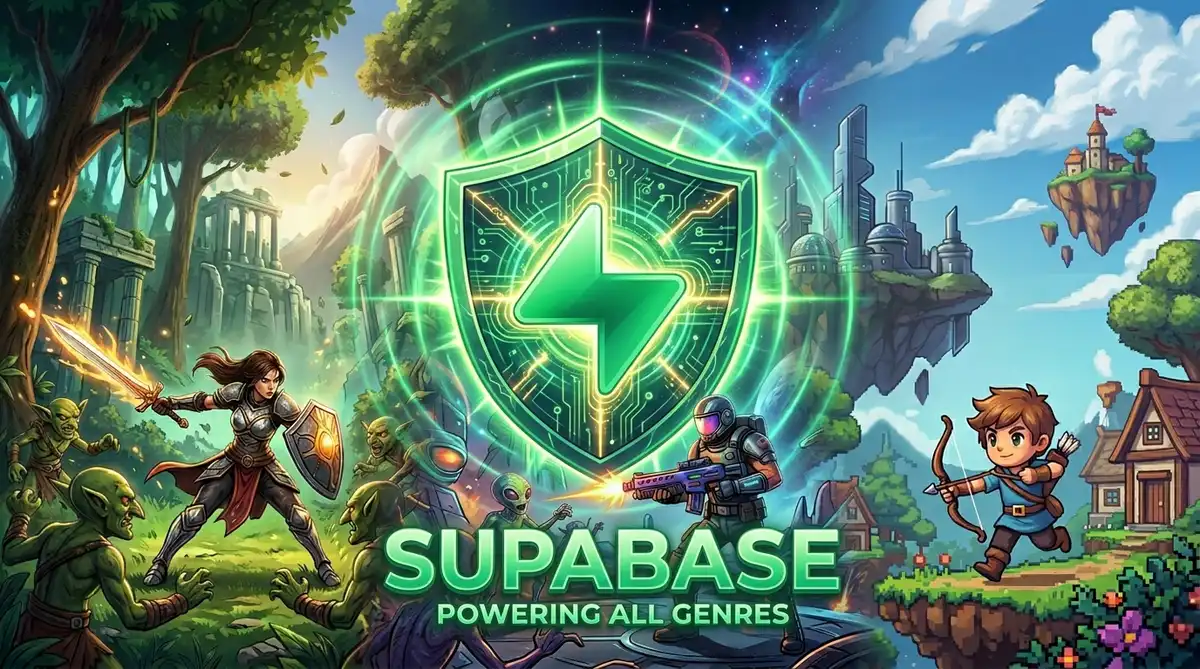 Illustrated game backend concept showing Supabase powering multiple game genres with PostgreSQL, auth, and Edge Functions