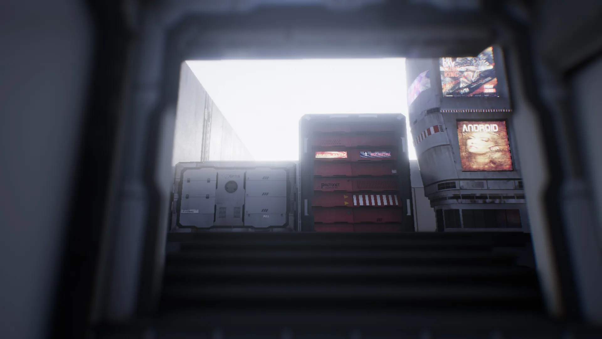 Volumetric lighting and neon reflections in a cyberpunk alley