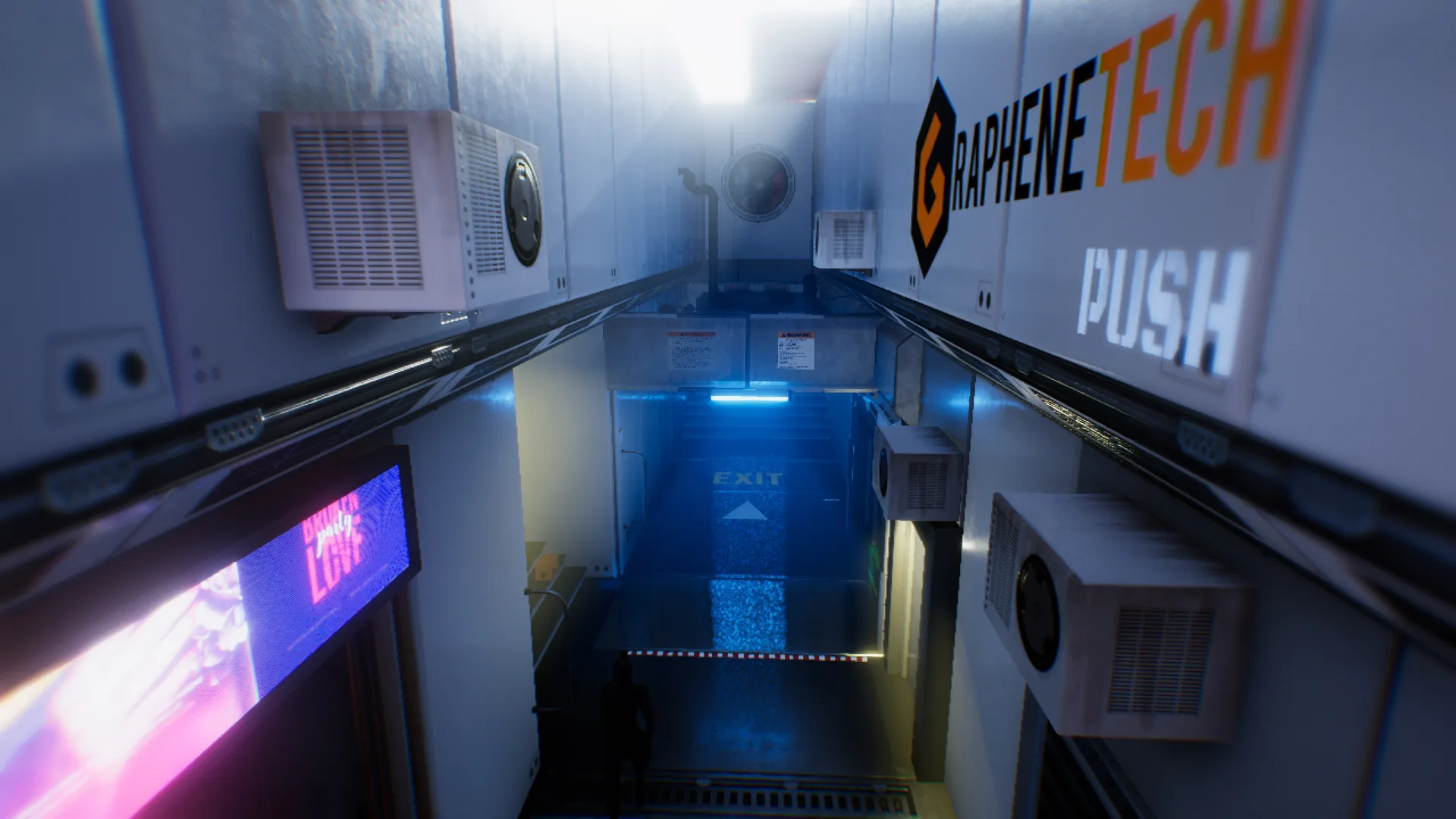 Aerial view of the neon district showing modular layout and lighting