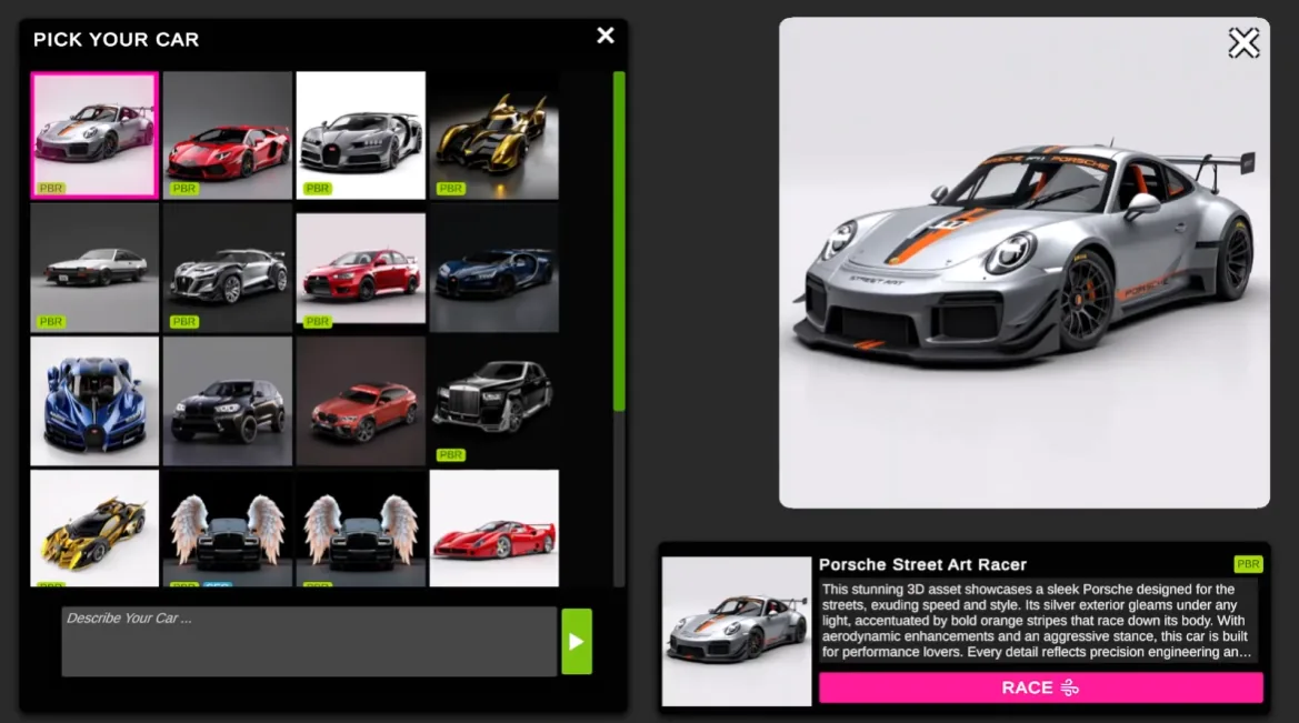 FORGA car picker showing generated vehicles and the selected Porsche race entry