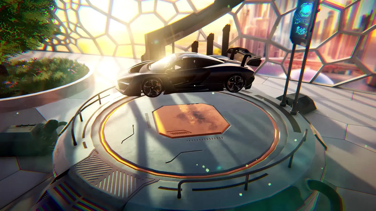 A generated sports car displayed on the FORGA platform in a futuristic glass-dome environment