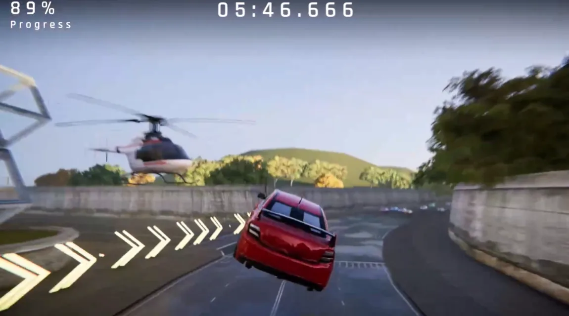 FORGA racing gameplay on a city track with a car airborne over a corner