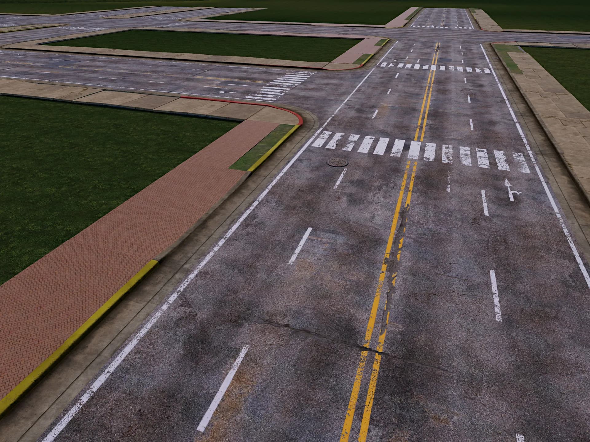 Street-level view showing road markings, lanes, and curb detail