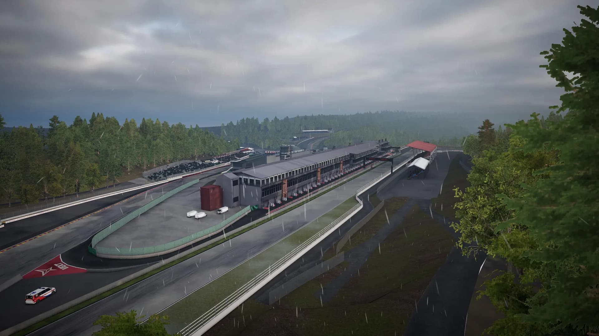 Race circuit environment art with overcast lighting conditions