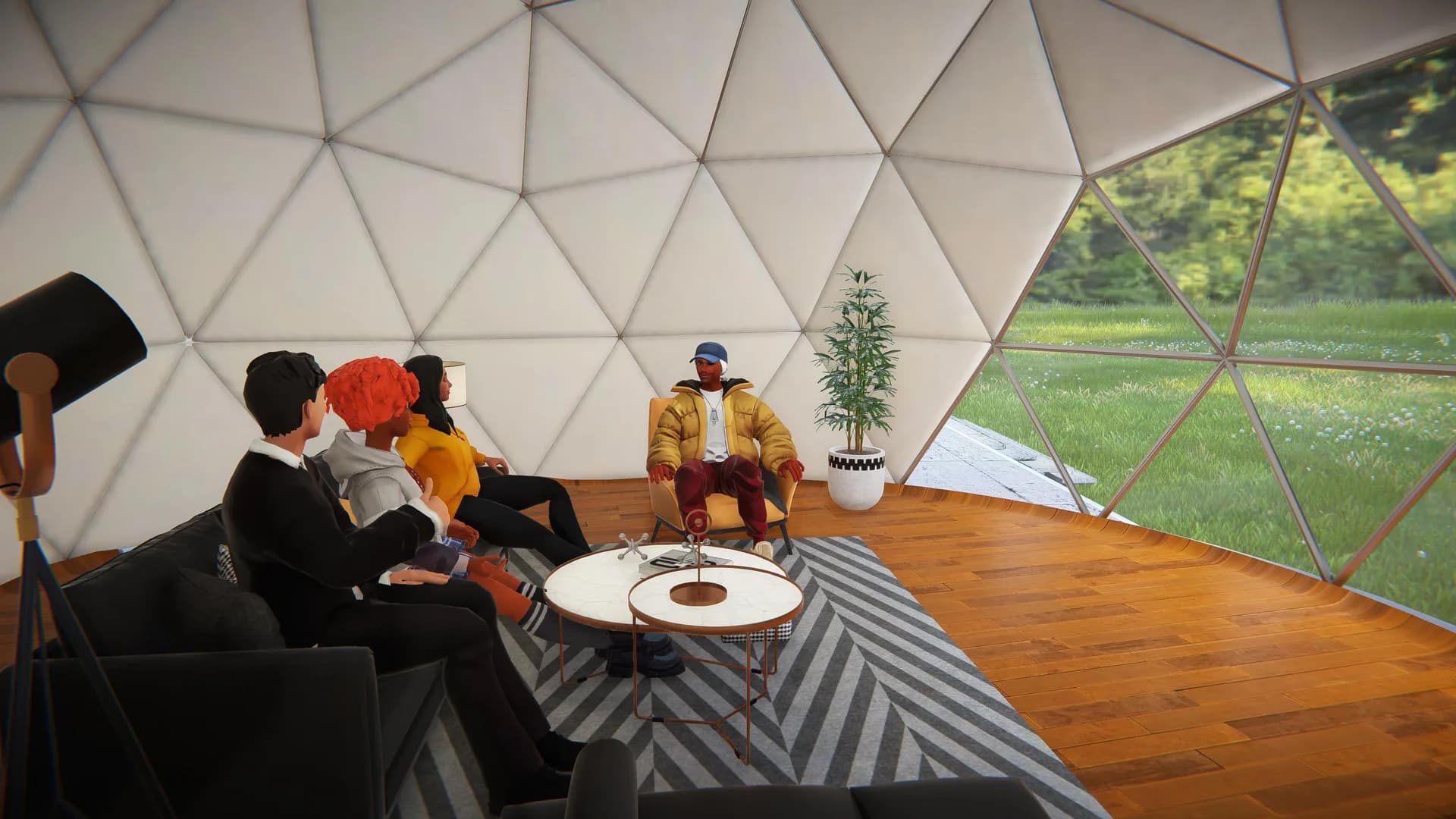 Modular 3D environment design, stylized geodesic lounge space