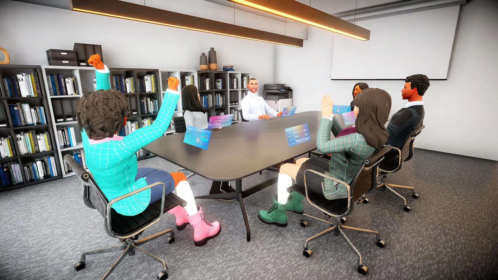 Real-time multiplayer meeting room with holographic UI elements