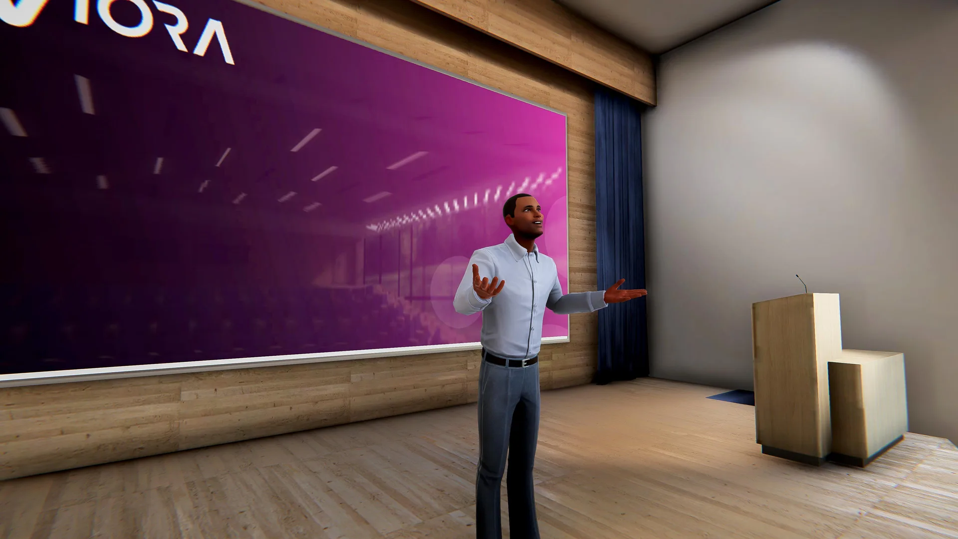 3D avatar presenting on a virtual event stage built in Unity