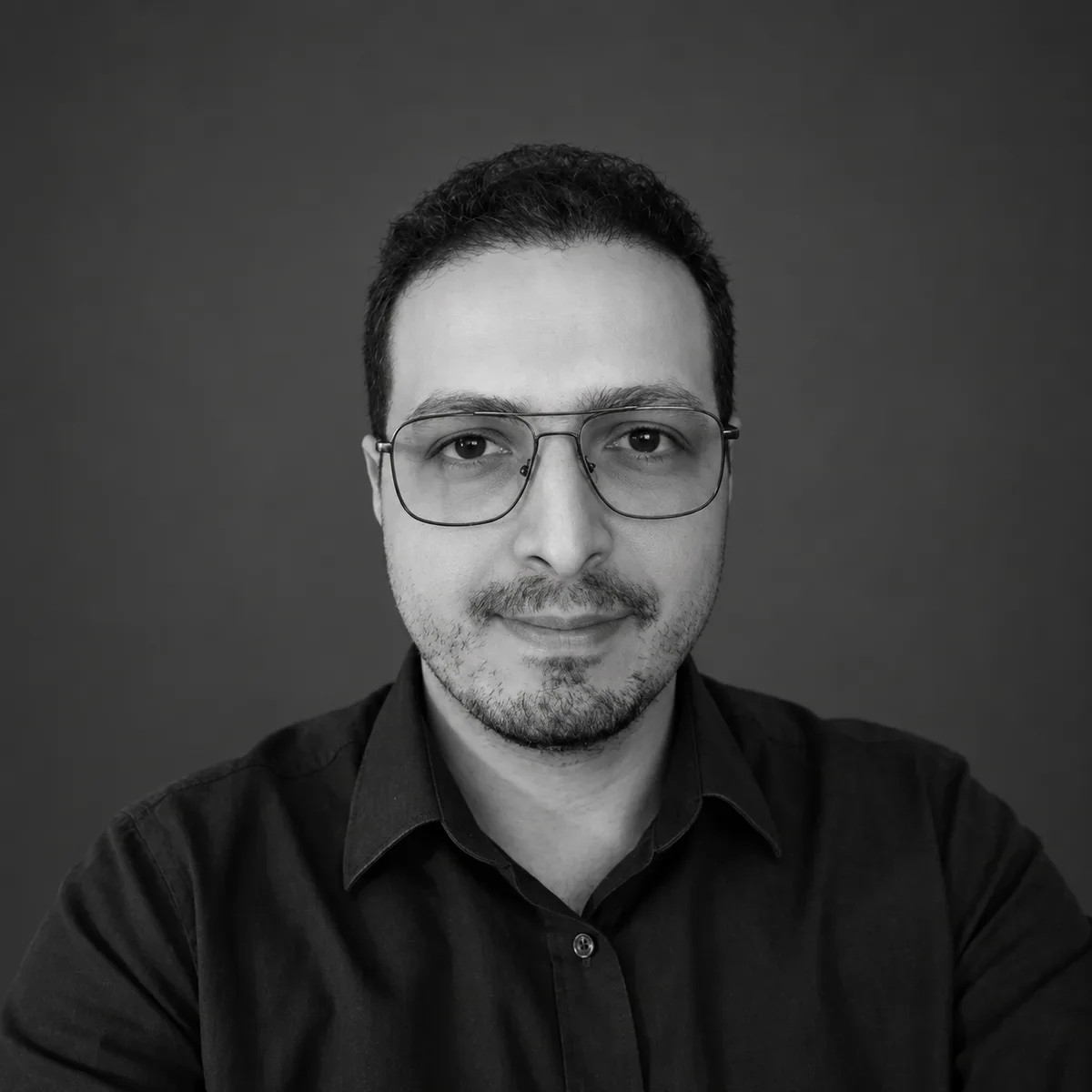 Monochrome portrait of Adil Bouchnita, senior Unity developer and technical artist