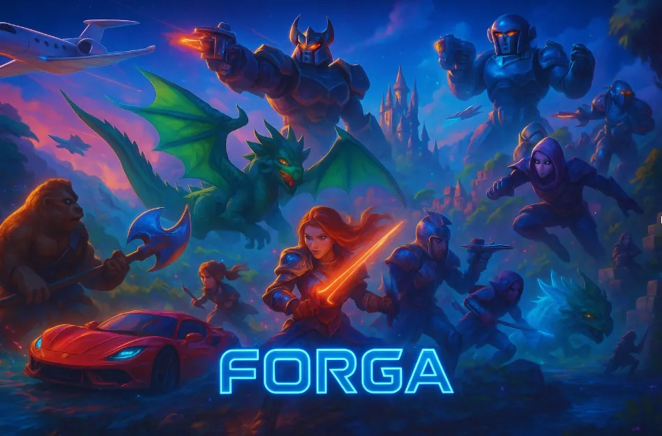 FORGA title artwork combining AI-generated worlds, characters, vehicles, and the platform mark