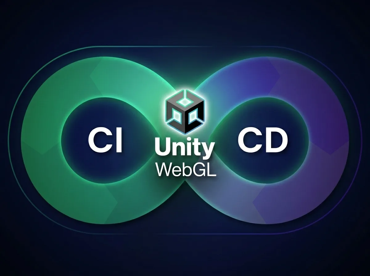 Unity WebGL CI/CD pipeline concept with infinity loop symbol connecting continuous integration and deployment around the Unity engine logo