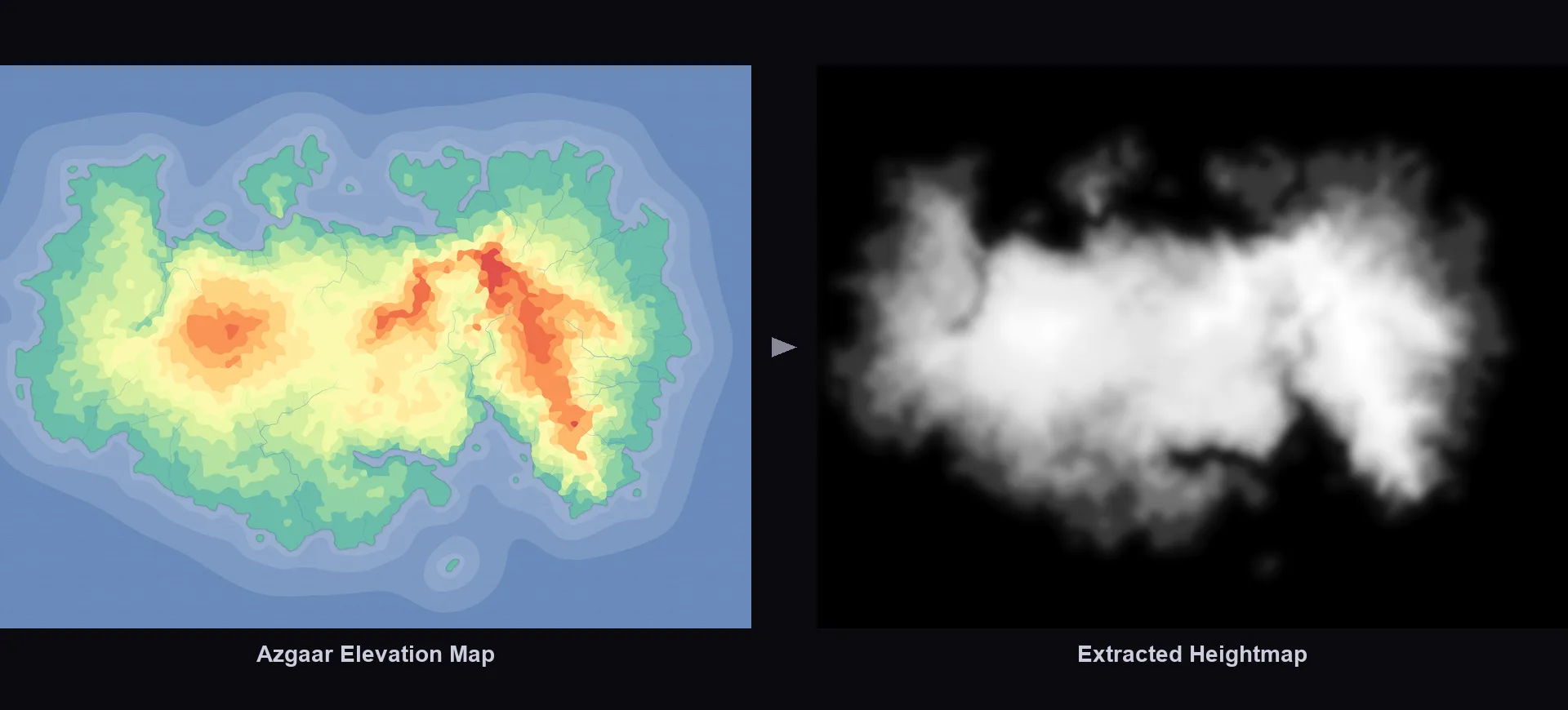 Azgaar's color-coded elevation map converted to a grayscale heightmap for Unity terrain generation