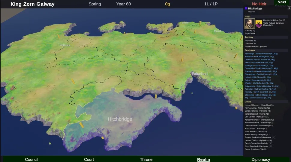 Kingdom Sim map in Unity showing terrain with kingdom borders, province boundaries, lordship markers, and the feudal hierarchy panel