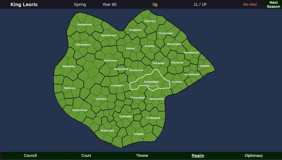 Voronoi-based procedural map in Unity showing geometric province cells with uniform shapes and no geographic features