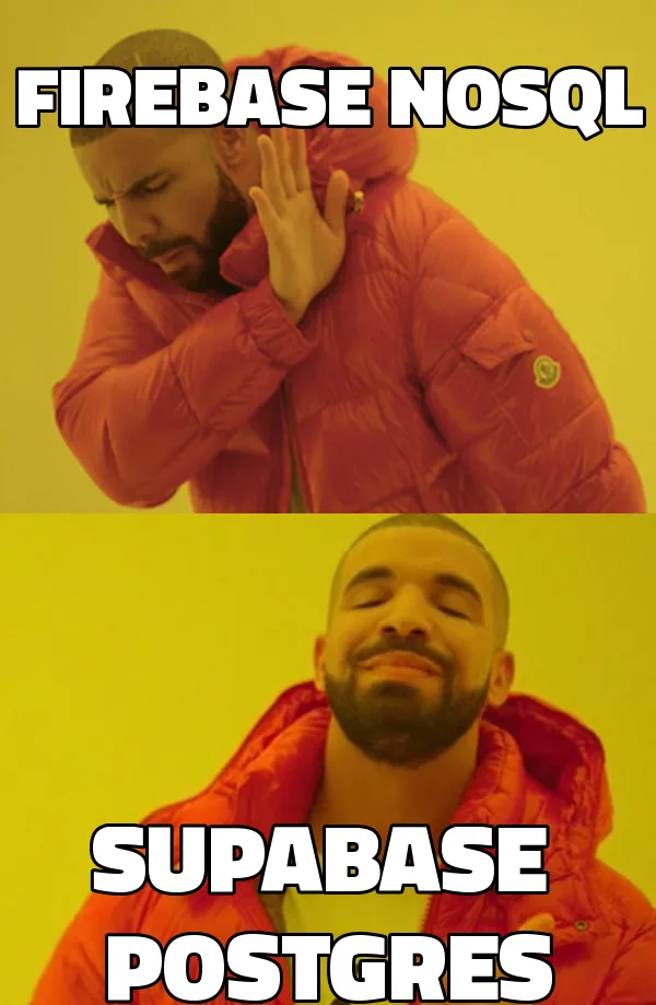 Drake meme: rejecting Firebase NoSQL, approving Supabase Postgres